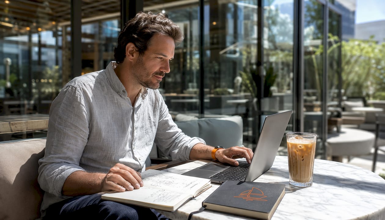 Man browsing peer-to-peer yacht website