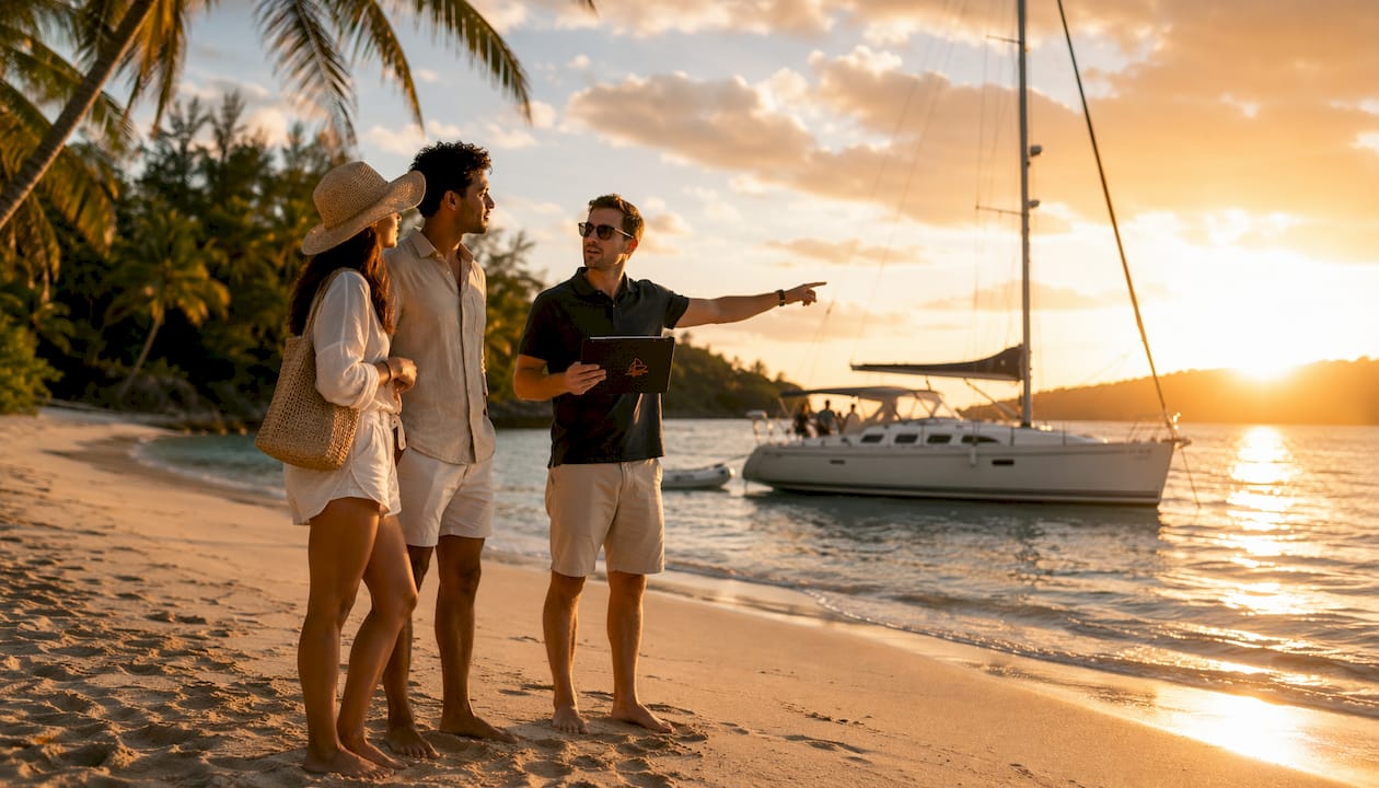 Couple discussing sailboat charter outdoors