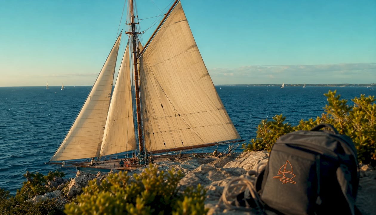 Close-up of gaff sails and rigging on schooner