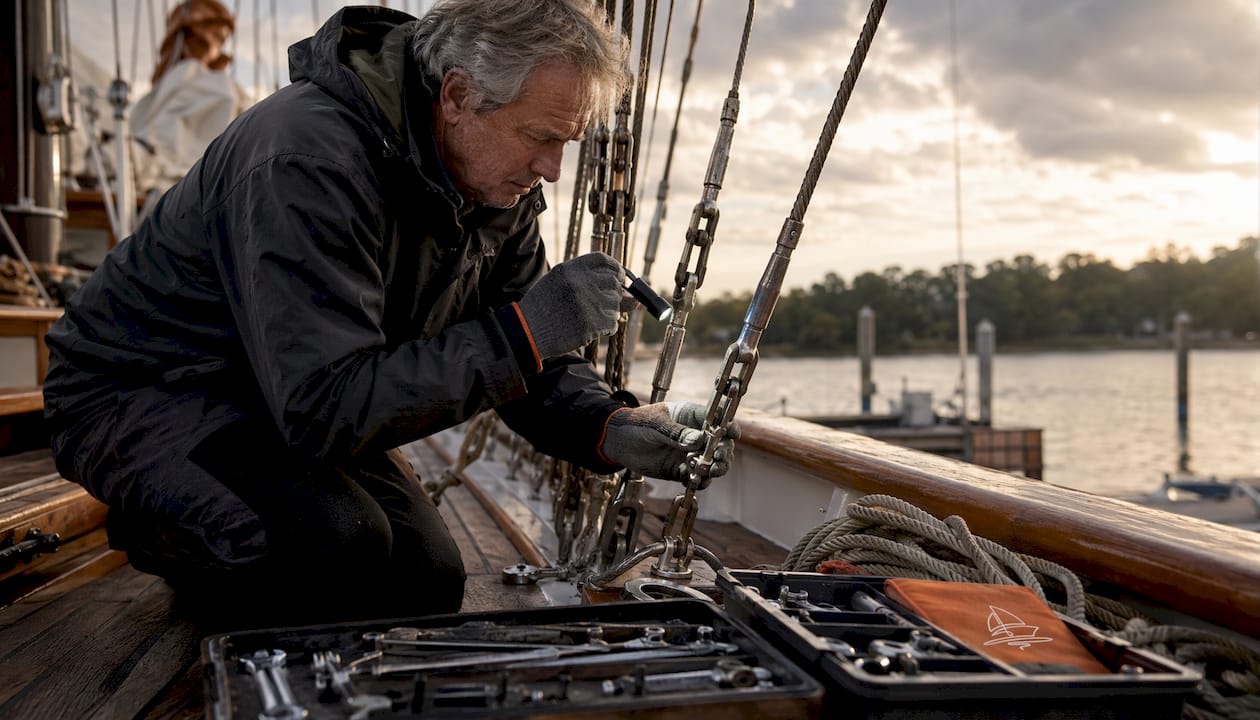 Sailor inspecting schooner rigging at dock