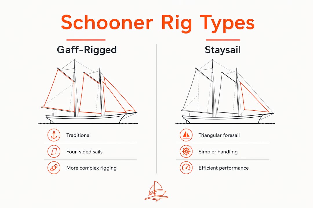 Infographic comparing gaff-rigged and staysail schooner rigs