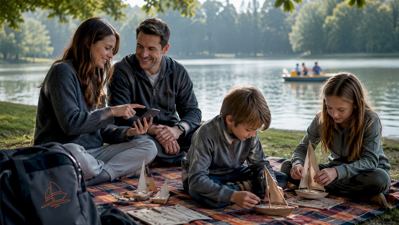 Family planning sailing apps at marina picnic