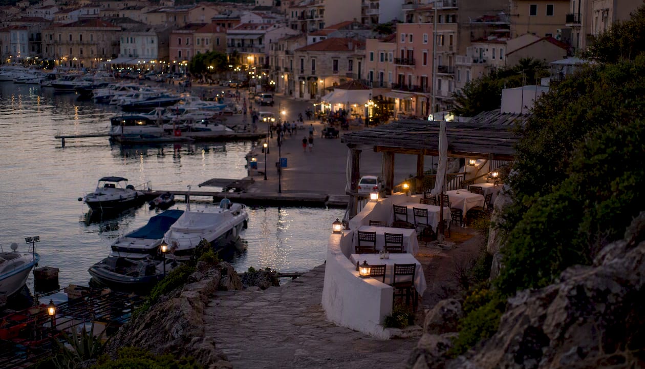 La Maddalena marina with waterfront seafood restaurant
