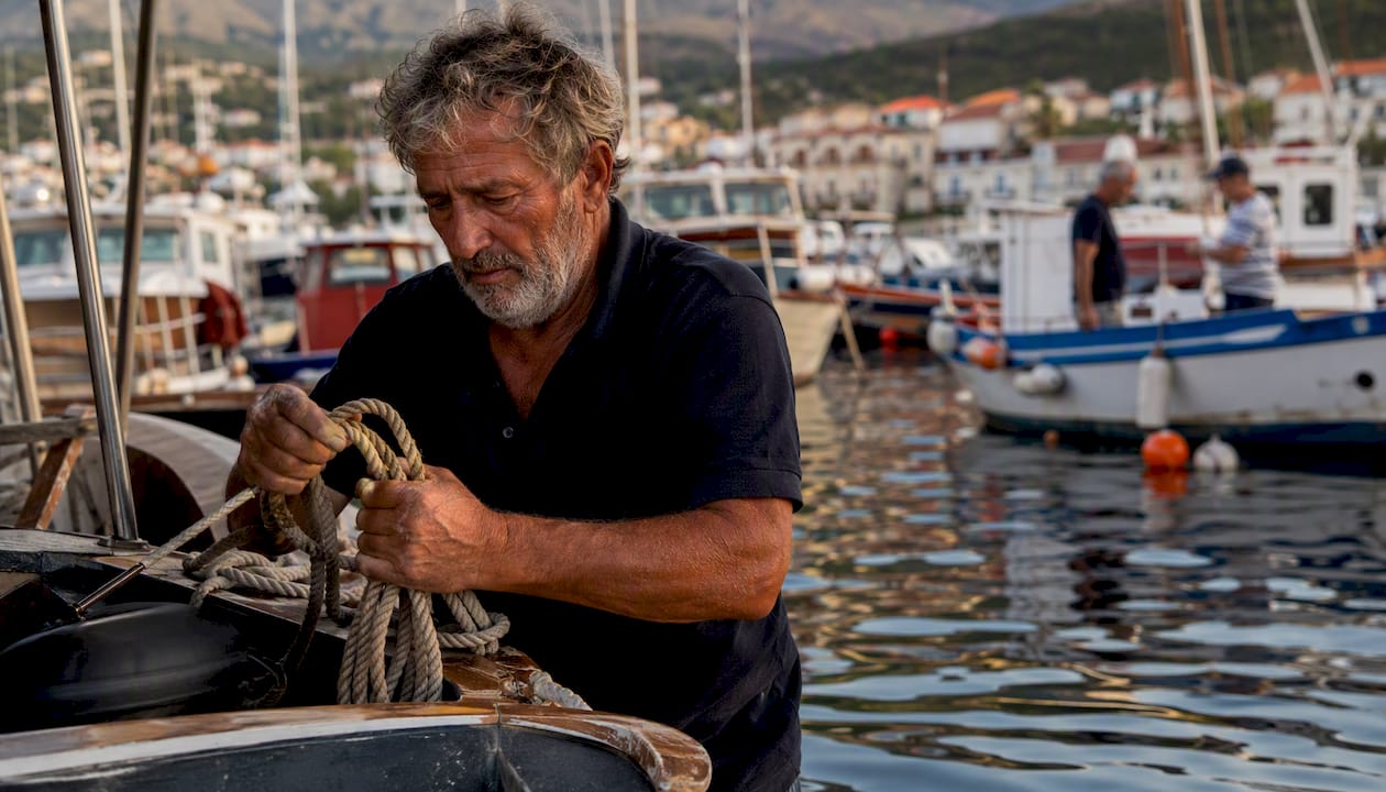 Skipper coiling mooring ropes dockside