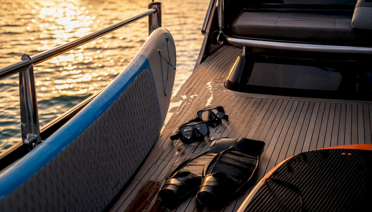 Yacht deck with water toys displayed