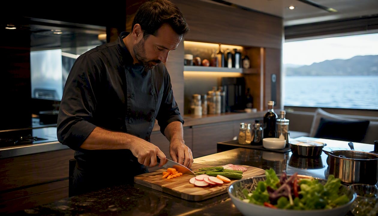 Chef preparing meal in yacht galley