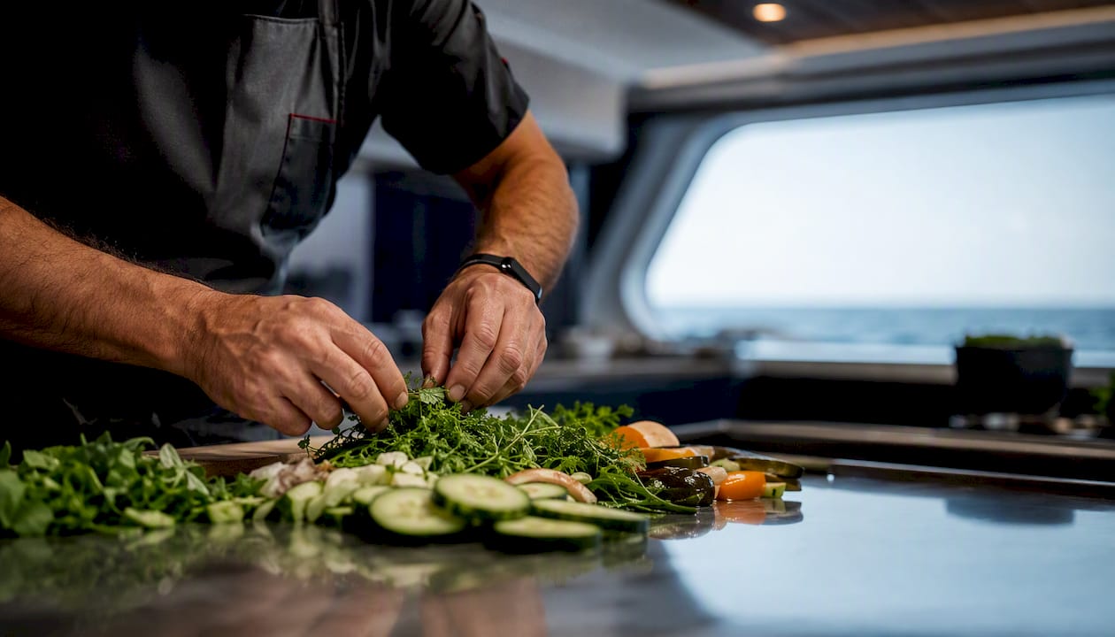 Chef hands preparing provisioning in yacht galley