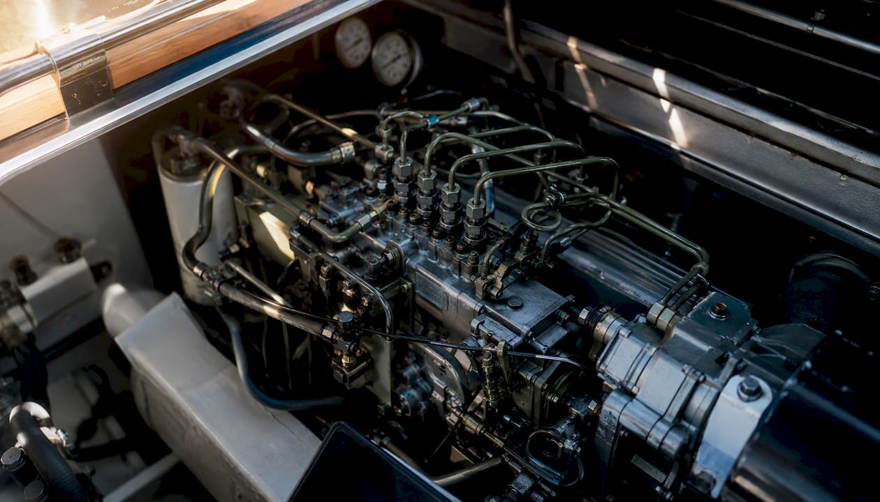 Close-up yacht engine fuel system detail
