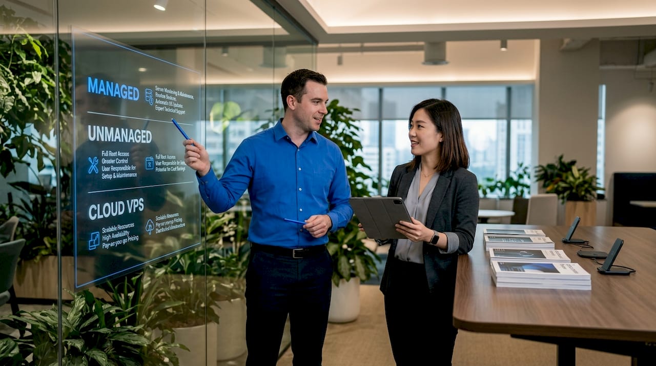 Colleagues review VPS hosting types at whiteboard