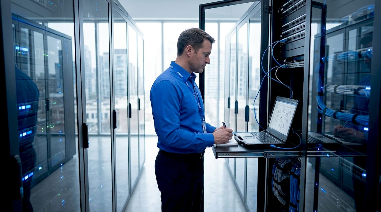 IT admin using remote desktop in server room
