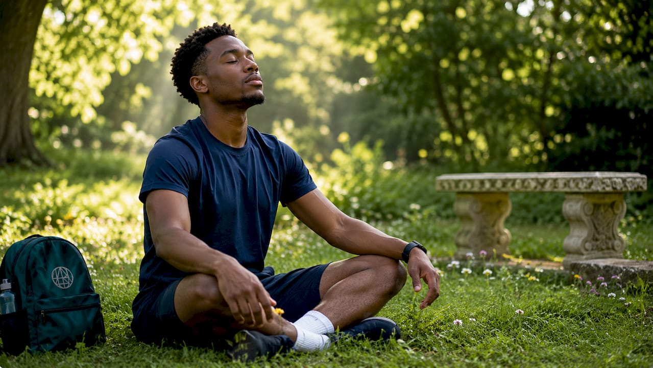 Man practicing calming breathing exercise