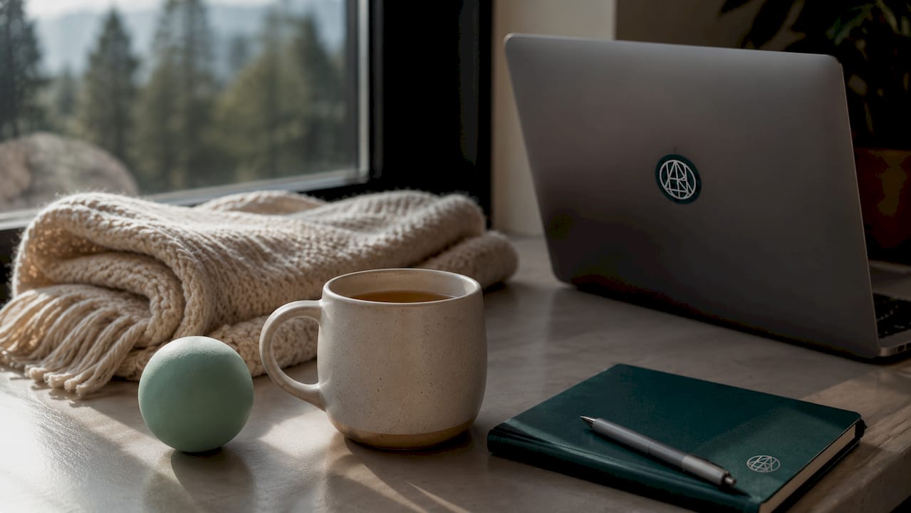 Weighted blanket, stress ball, and tea cup on wooden table