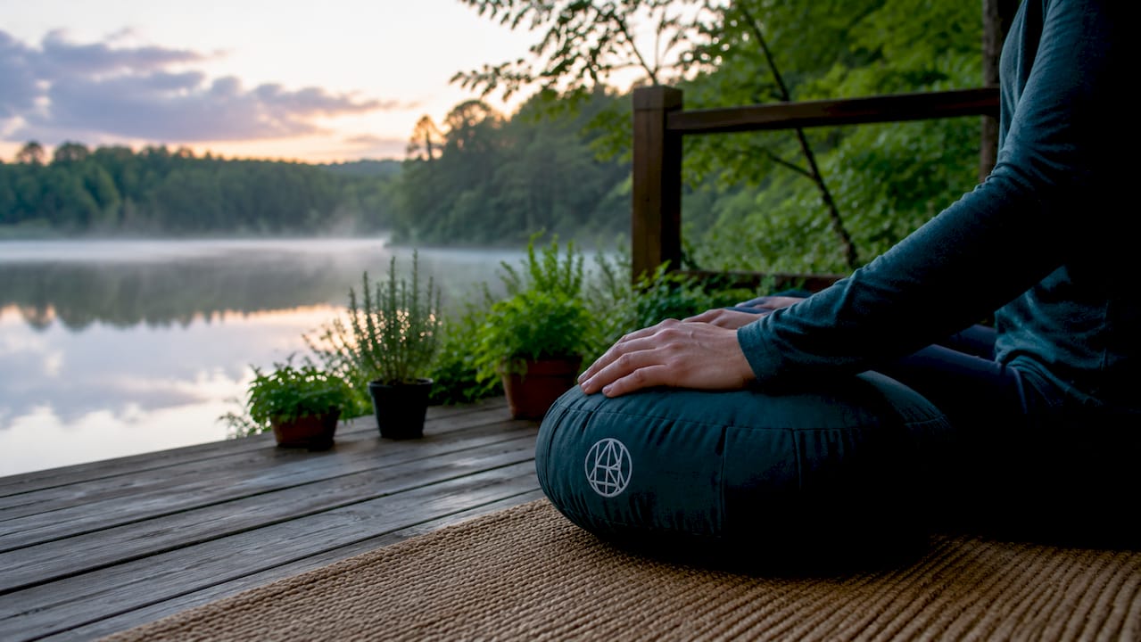 Hands resting on yoga ball practicing breathing