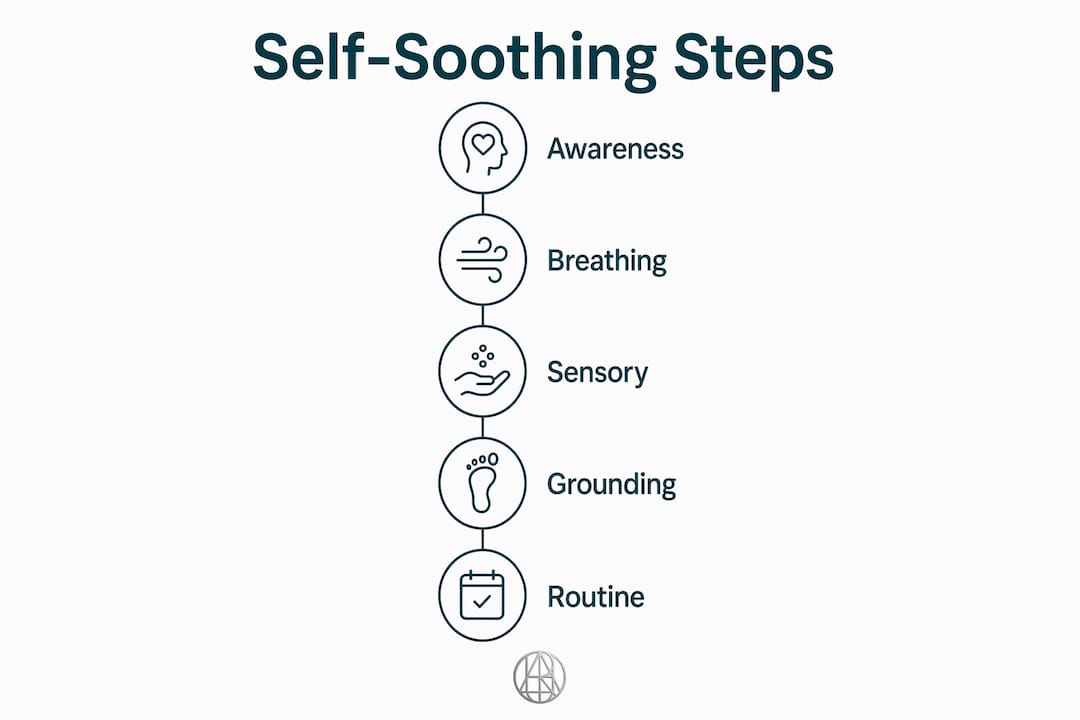 Infographic displaying five steps of self-soothing techniques