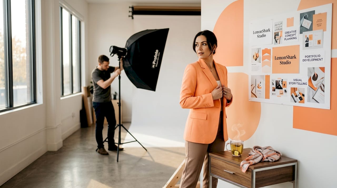 Woman prepares for headshot session in shared office
