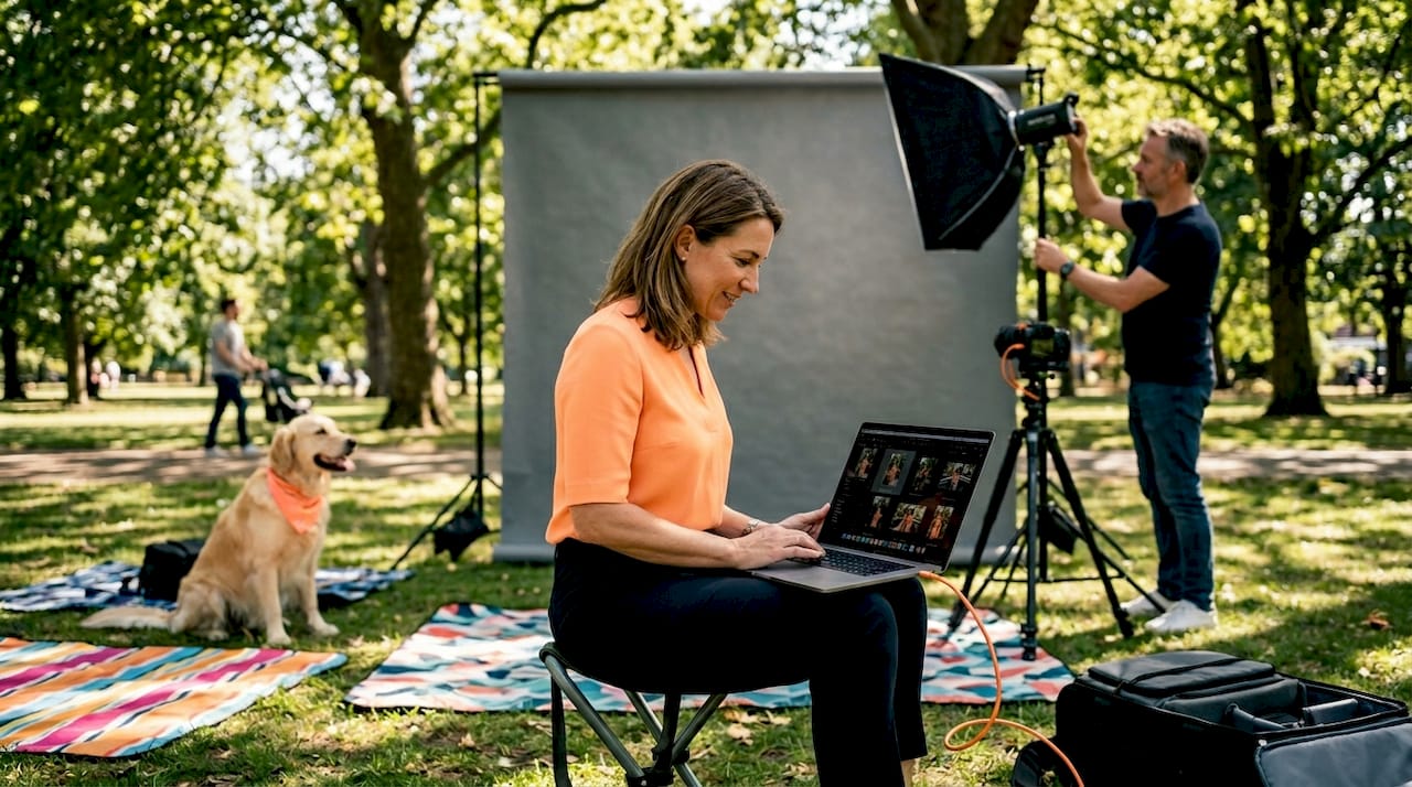 Collaborative mobile portrait setup outdoors