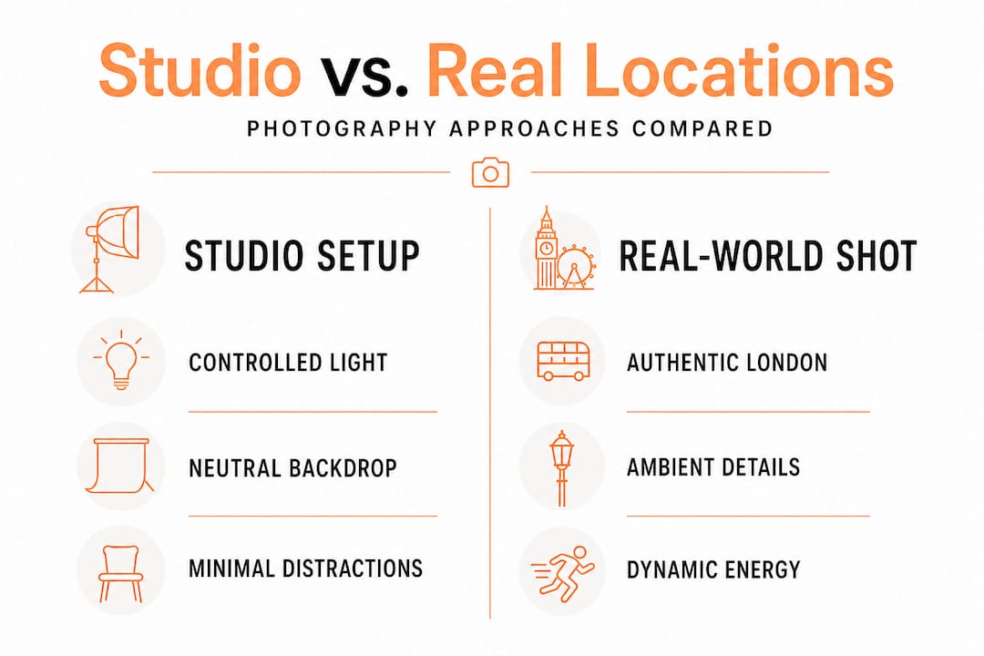 Infographic comparing studio and real location shoots