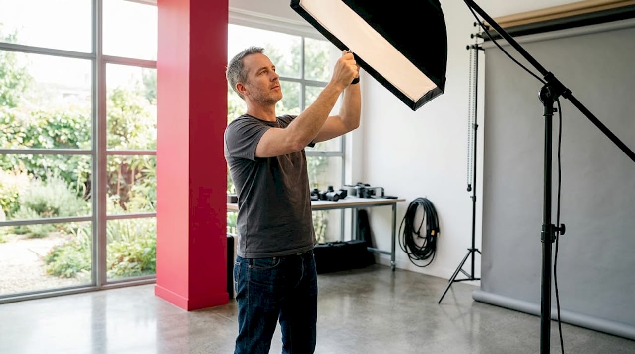 Photographer arranging lighting in portrait studio