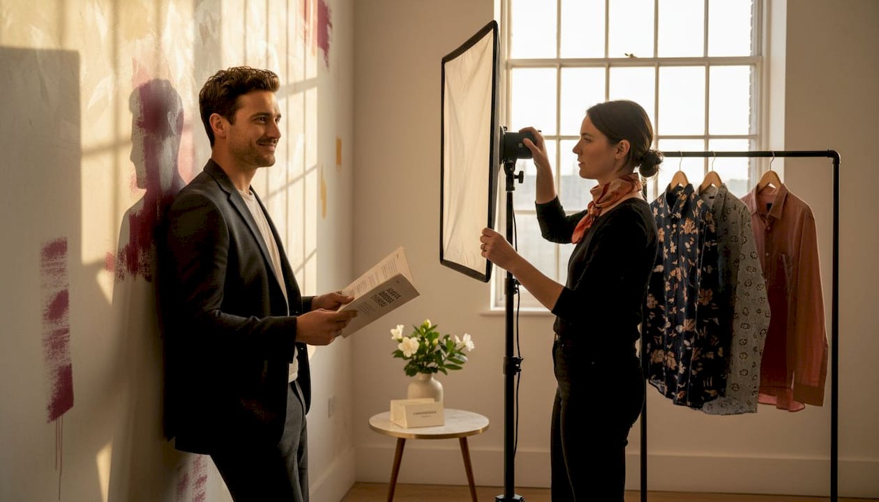 Actor prepares headshot in London studio setting
