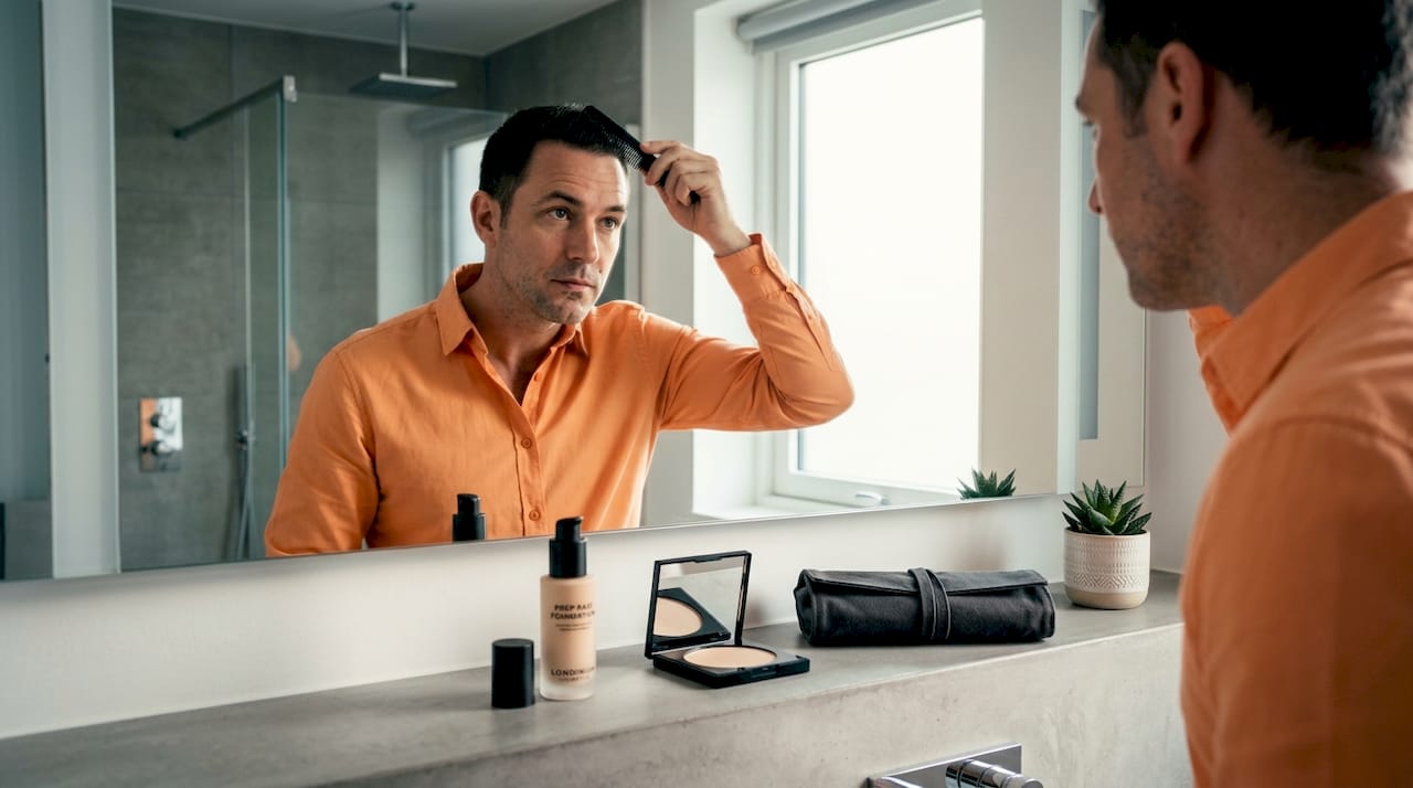 Man grooming at mirror before portrait session
