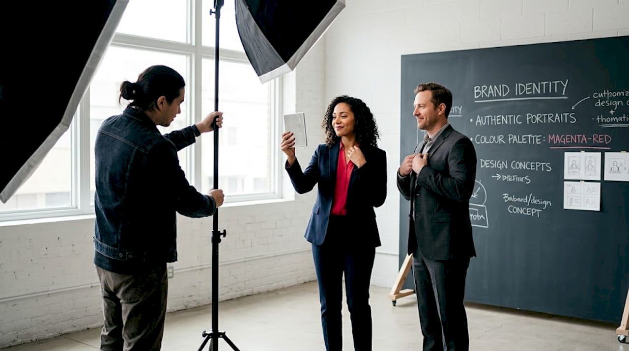 Photographer preparing team branding headshots