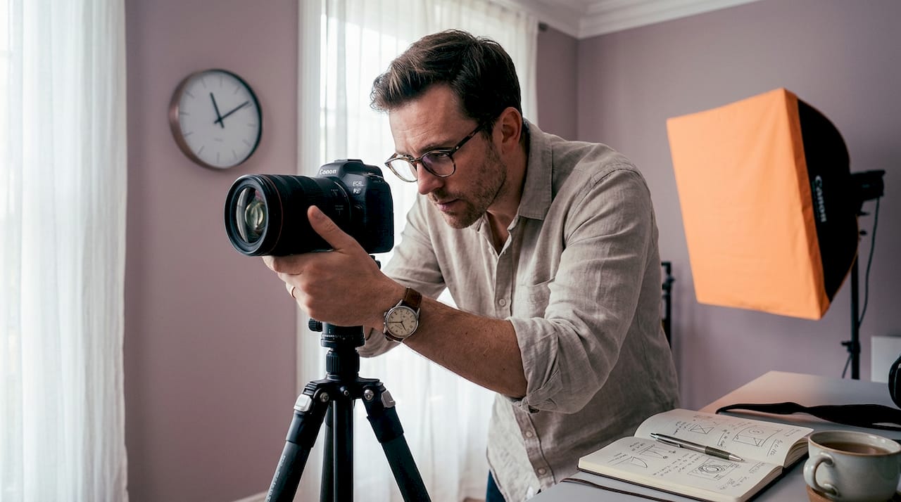 Photographer adjusting business portrait camera settings