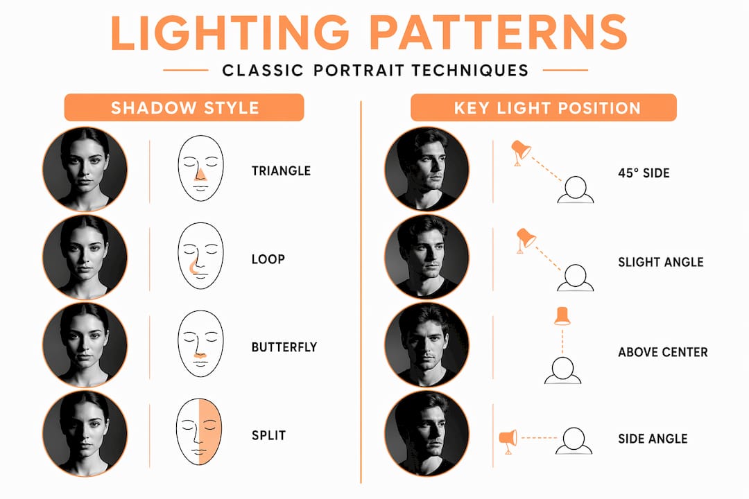 Infographic comparing classic portrait lighting techniques