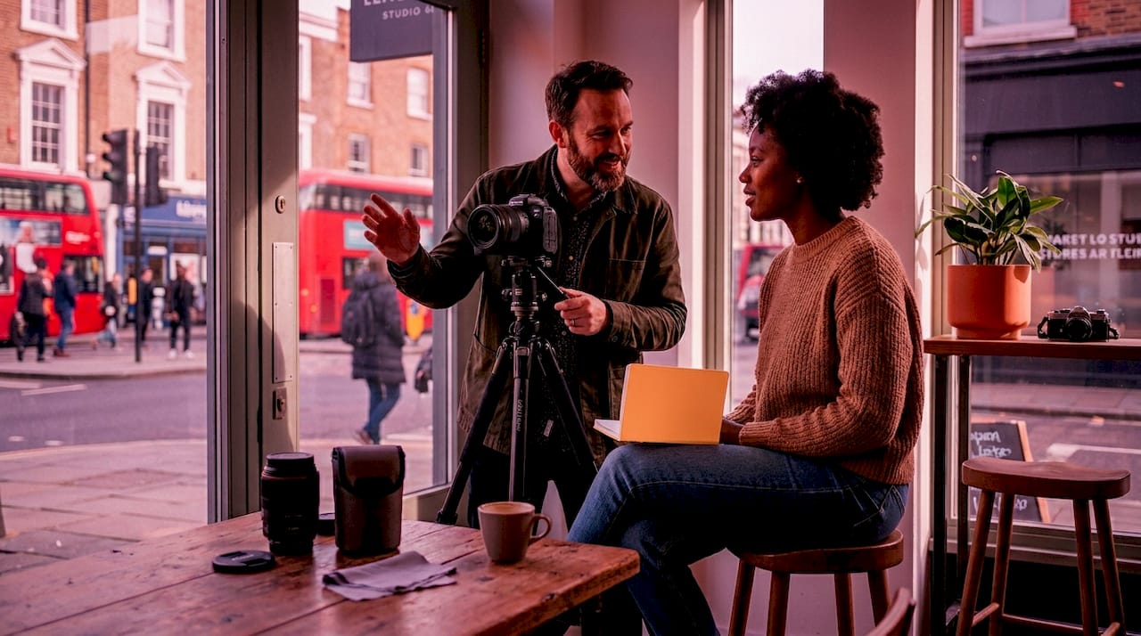 Photographer directing model in branding shoot