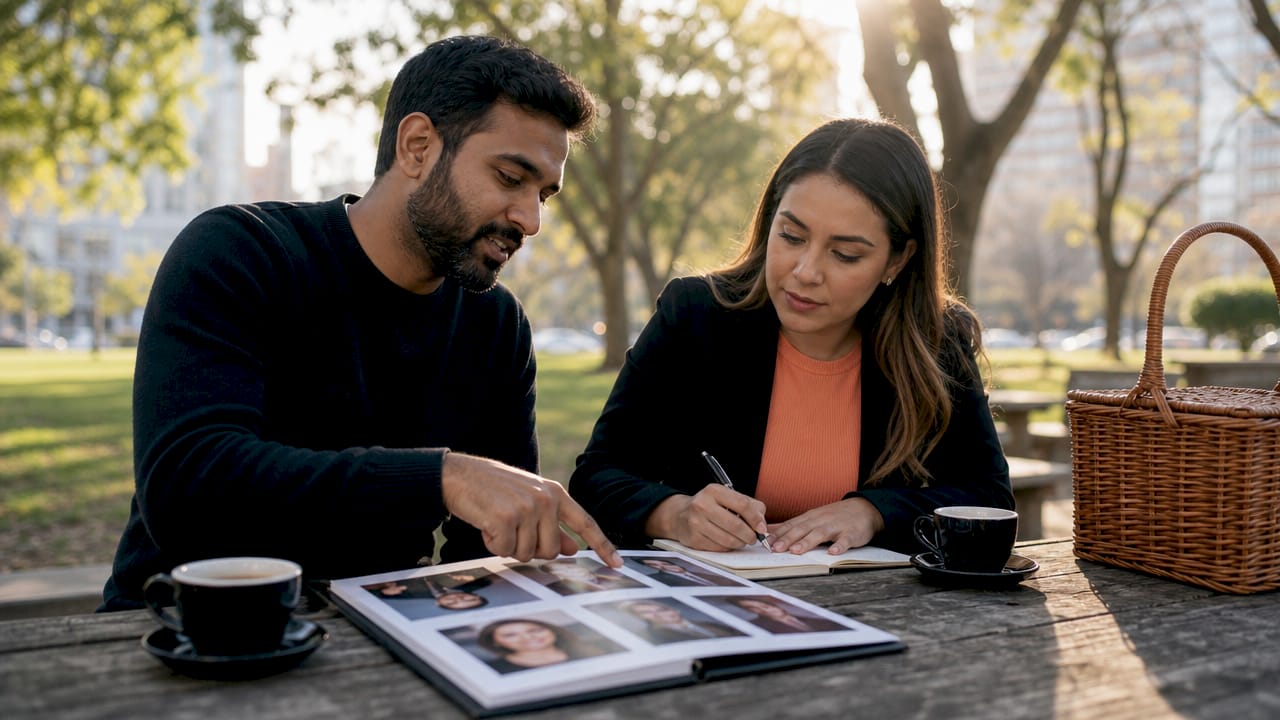 Two professionals discussing headshots outdoors