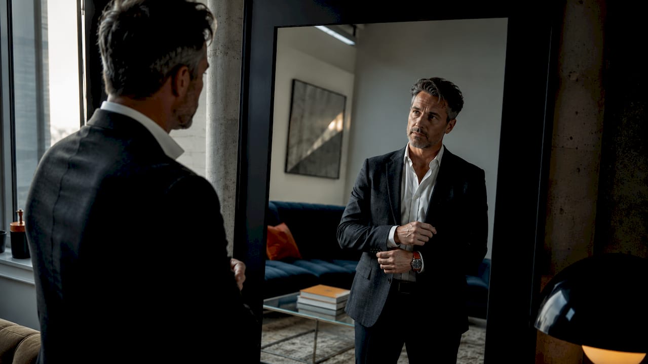 Man adjusting blazer cuff in office lounge mirror