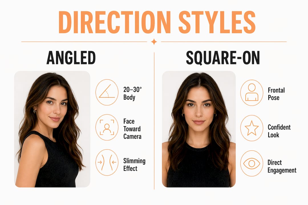 Infographic comparing angled and square-on headshot styles