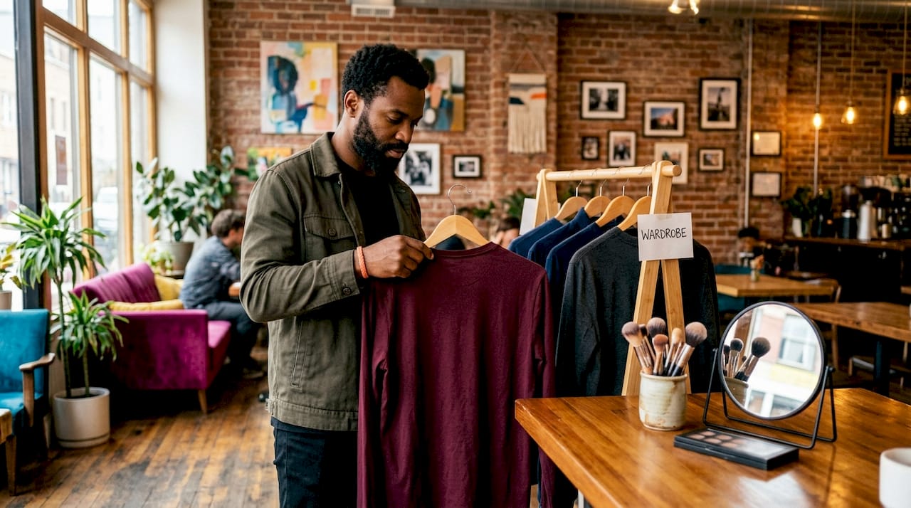 Actor selecting wardrobe in home office