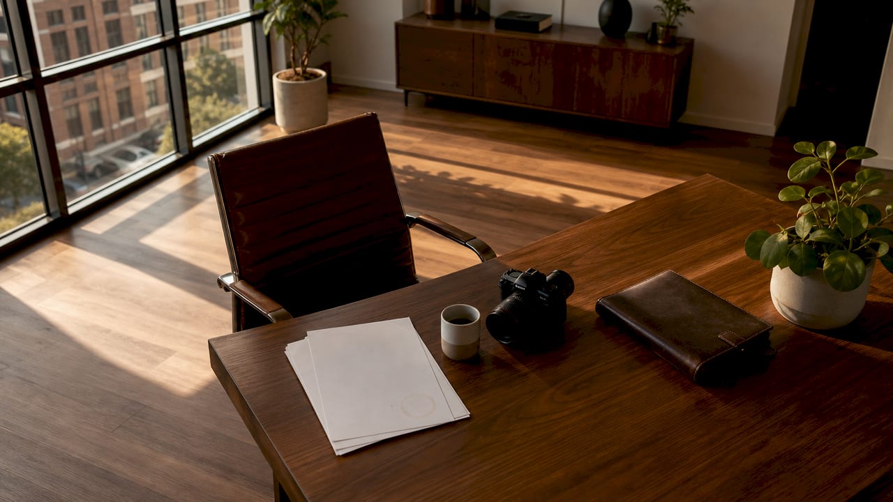 Close-up of photography gear and desk in executive portrait session
