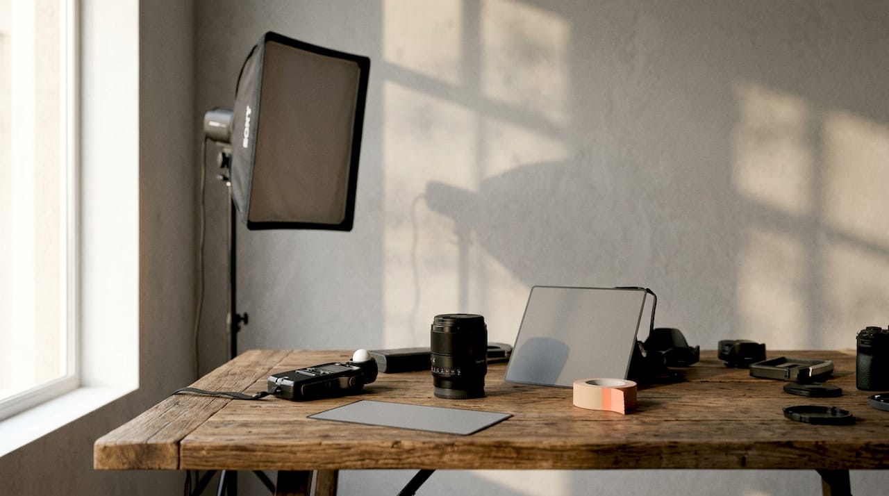 Photography lighting tools on minimalist studio table