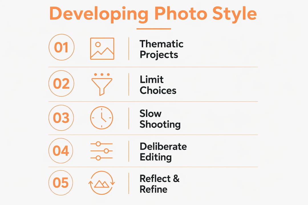 Infographic illustrating steps to develop creative photo style