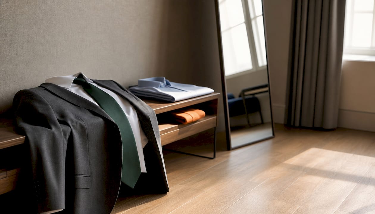 Professional headshot outfit laid out on table