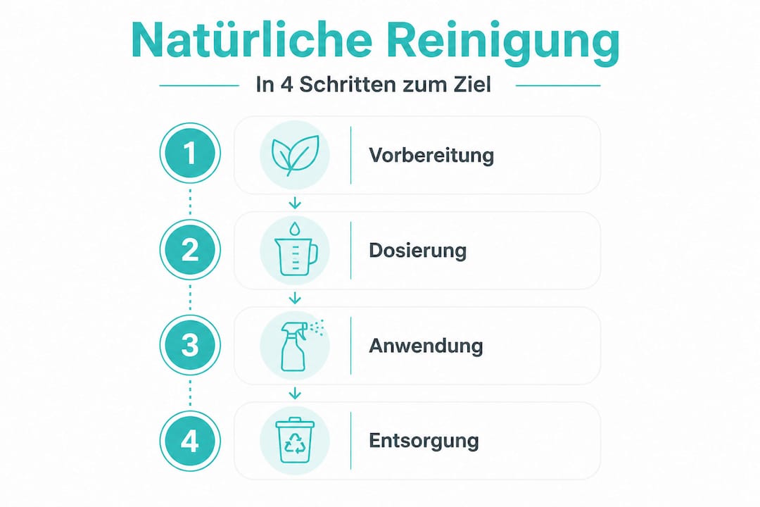 Schritt-für-Schritt-Anleitung: So setzen Sie Bio-Reiniger richtig ein – anschaulich erklärt in einer Infografik mit vier Etappen.