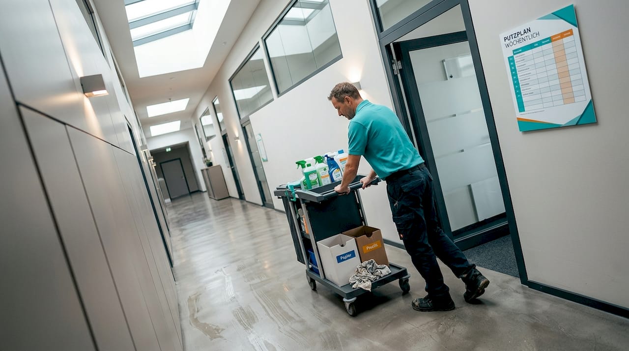 Ein Gebäudereiniger unterwegs mit Reinigungswagen und umweltfreundlichen, zertifizierten Putzmitteln.