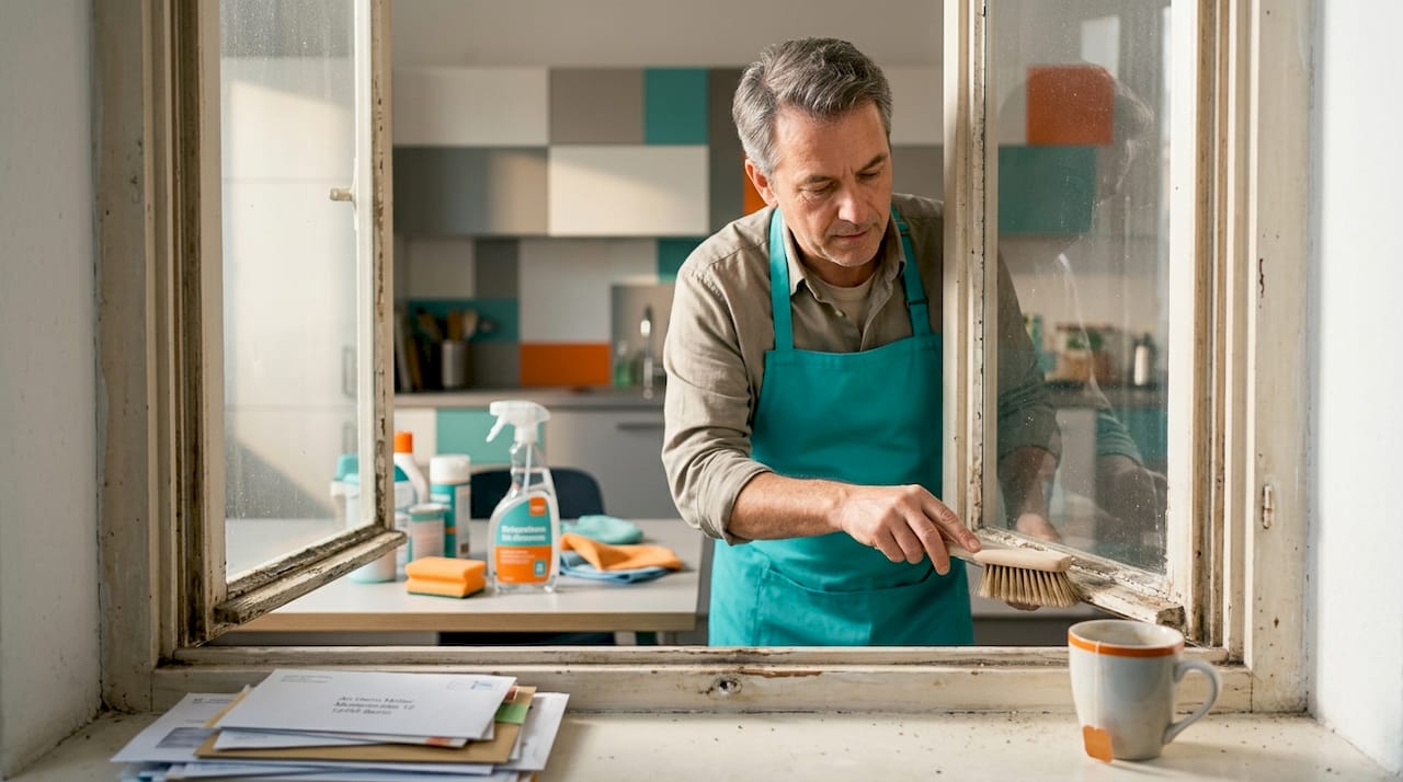 Ein Mann säubert das Küchenfenster mit einem Pinsel vom Staub.