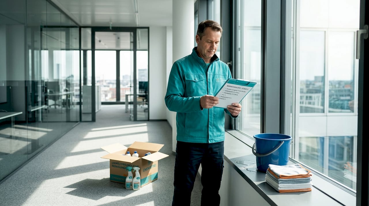 Vor dem Bürofenster geht der Fensterreiniger noch einmal seine Checkliste durch.