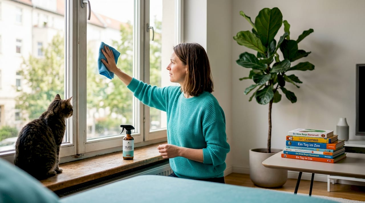 Während eine Frau die Fenster putzt, beobachtet sie neugierig die Hauskatze von drinnen.