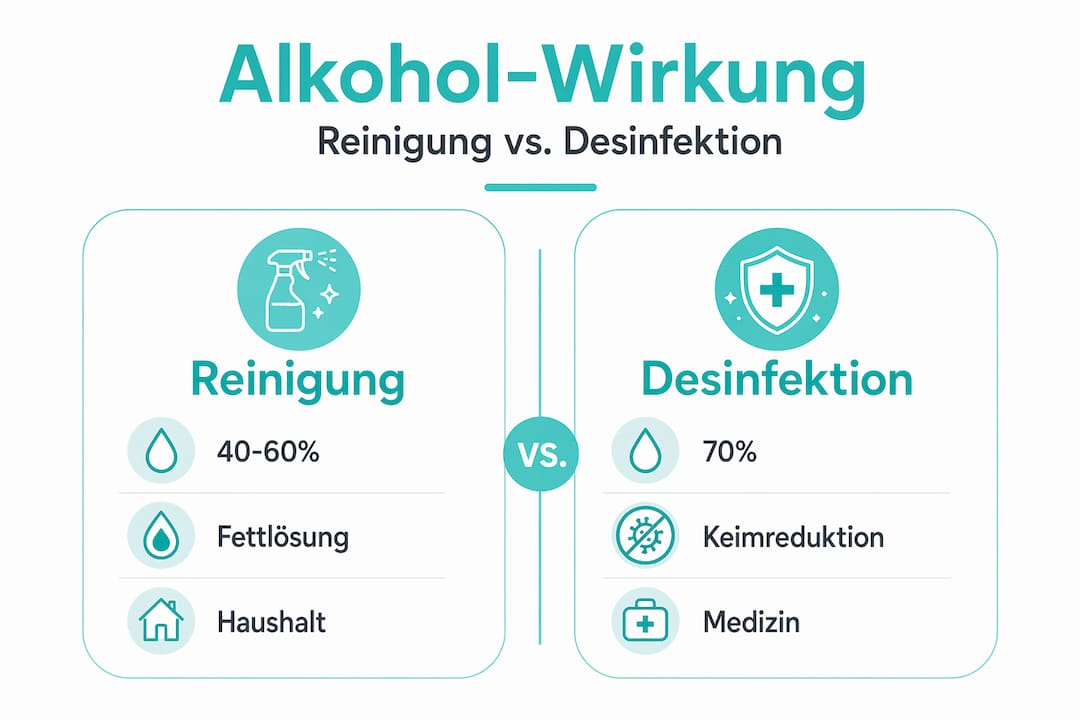 Infografik: Alkohol – Unterschiede zwischen Reinigung und Desinfektion auf einen Blick