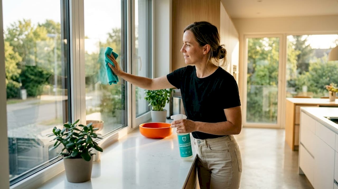Eine Frau putzt das Küchenfenster mit einem umweltfreundlichen Reinigungsmittel.