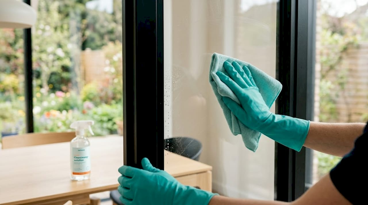 Mit viel Sorgfalt werden die beschichteten Fensterscheiben von Hand gereinigt.