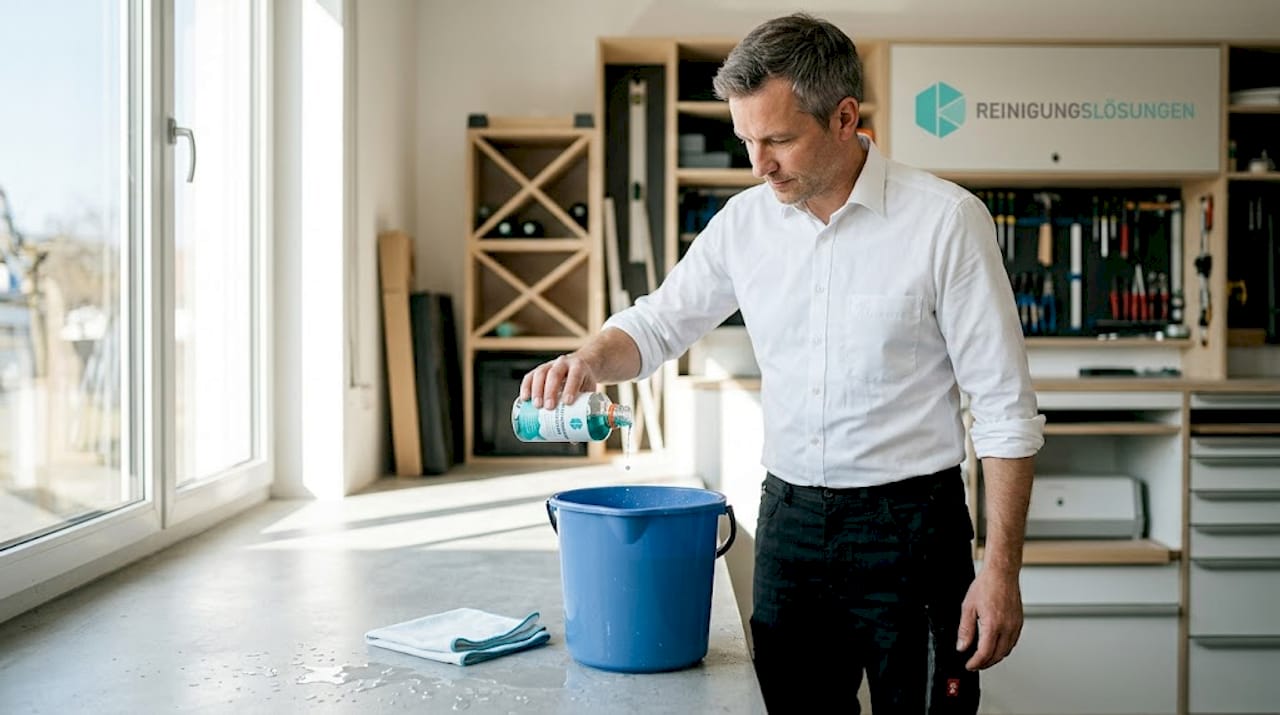 Ein paar Tropfen Fensterreiniger-Konzentrat ins Putzwasser geben.