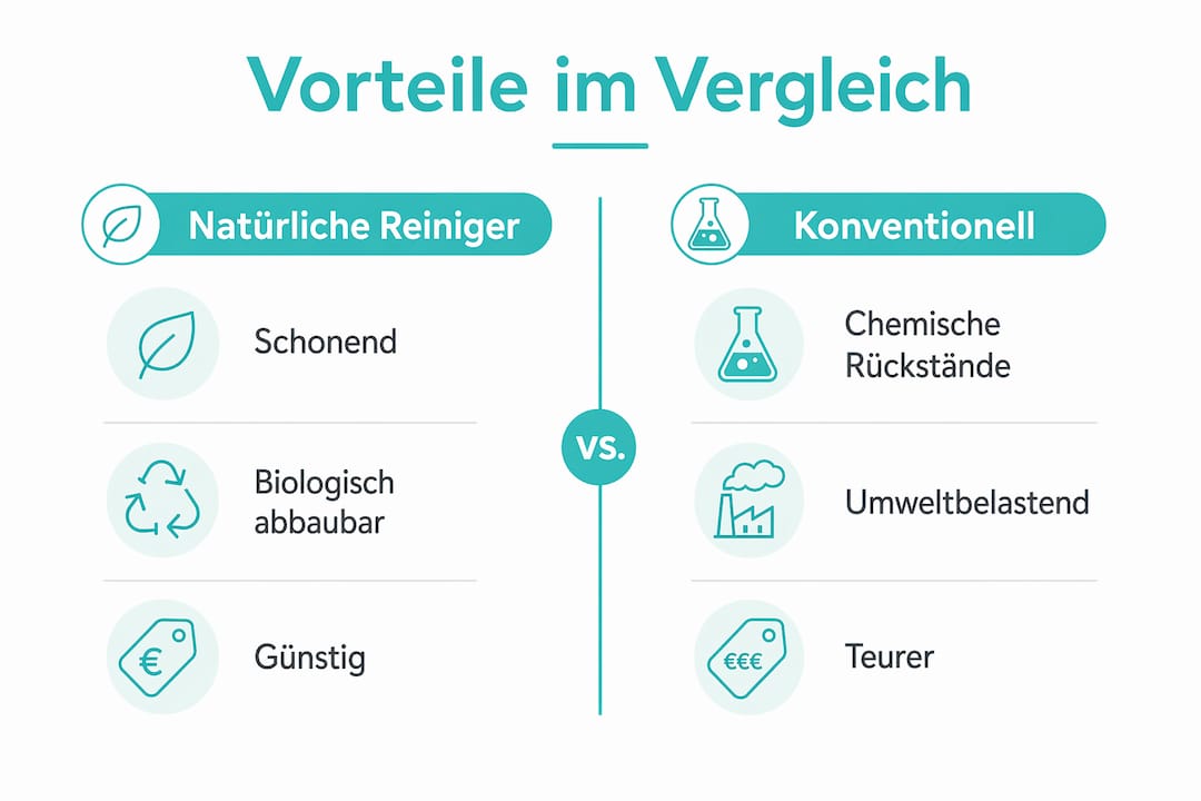 Eine Infografik veranschaulicht den Unterschied zwischen umweltfreundlichen Reinigern und herkömmlichen Produkten.