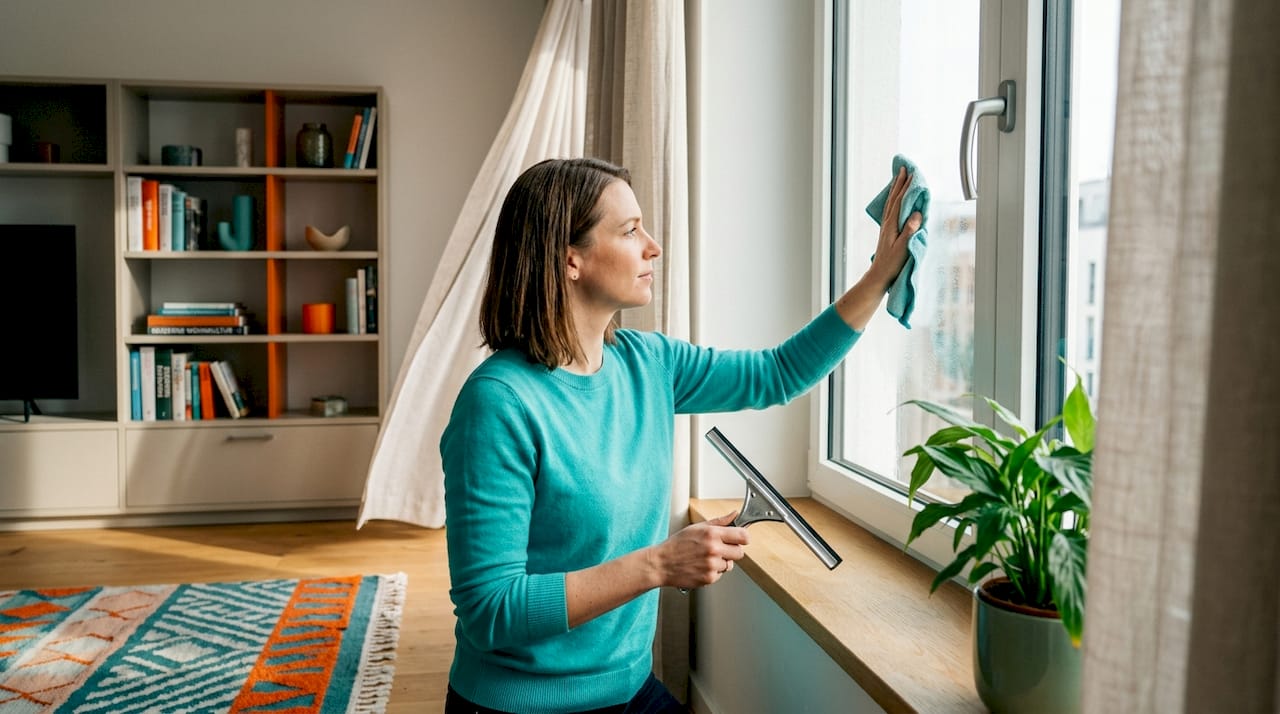 Eine Frau putzt die Wohnzimmerfenster gründlich mit einem Mikrofasertuch.
