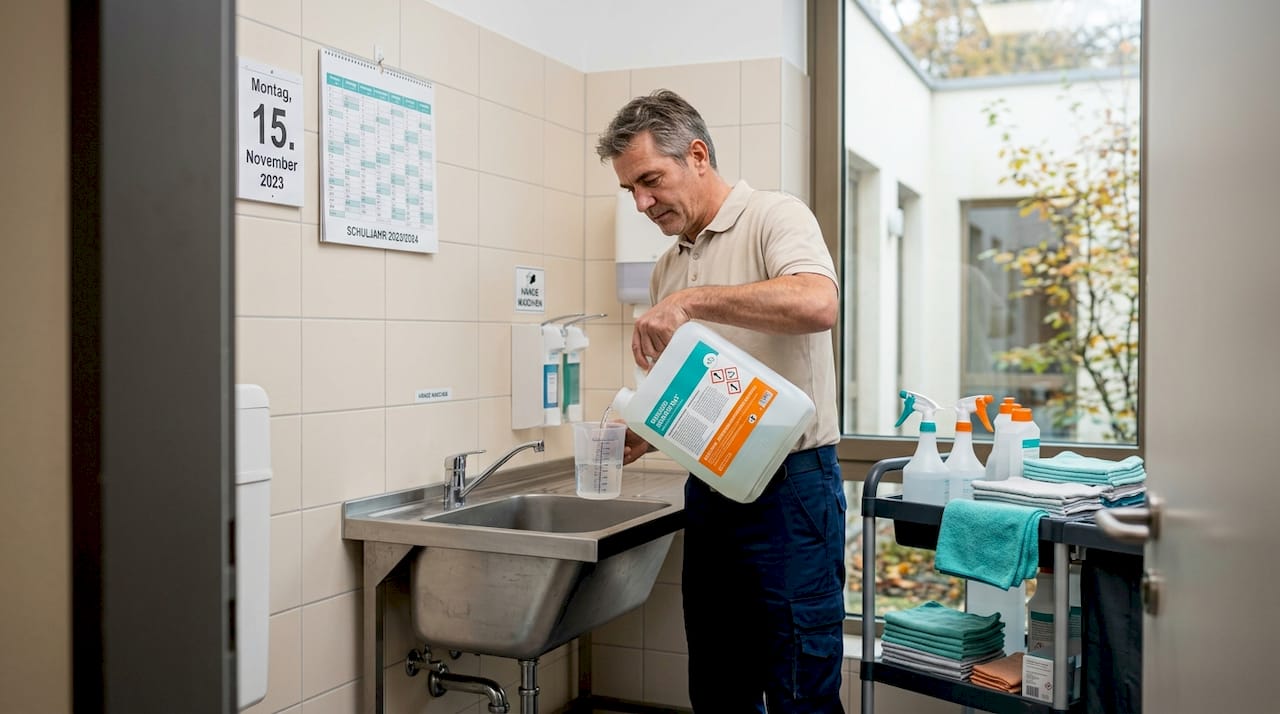 Eine geschulte Reinigungskraft mischt das Reinigungsmittel für den gewerblichen Einsatz an.