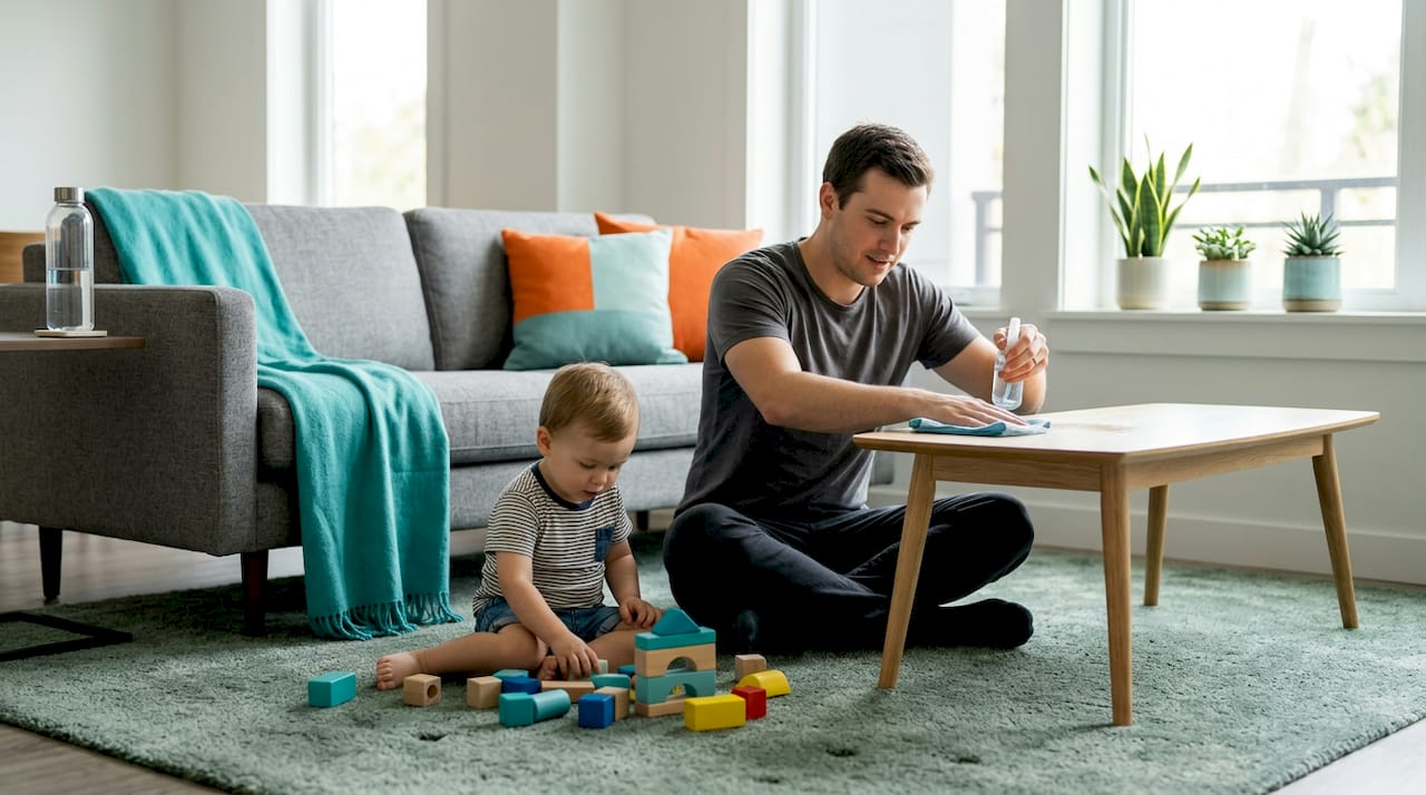 Ein Vater wischt den Tisch im familienfreundlichen Wohnzimmer ab.