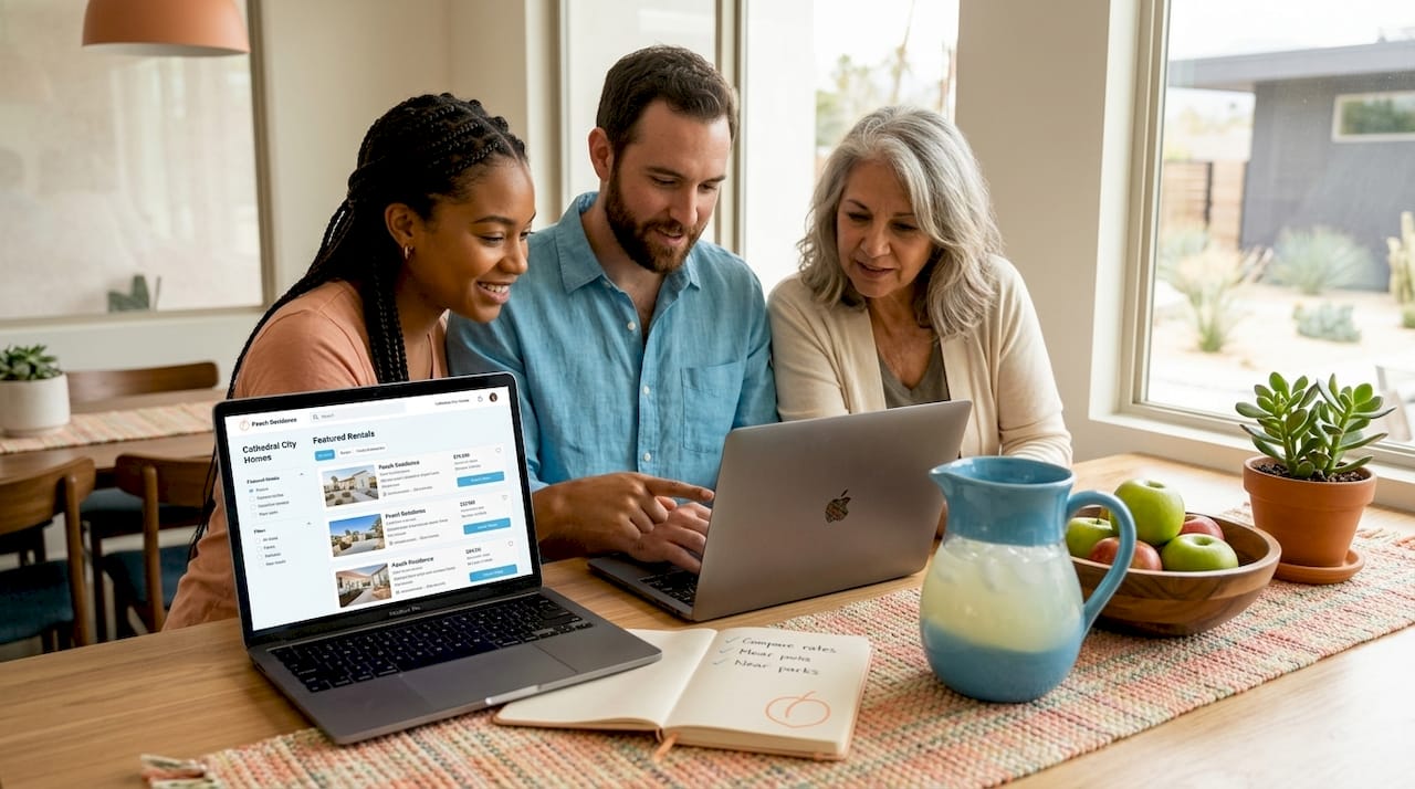 Family comparing rental options on kitchen counter